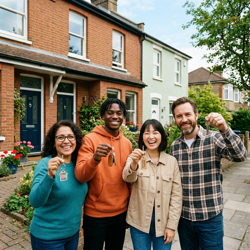 Four smiling people standing outside houses holding keys